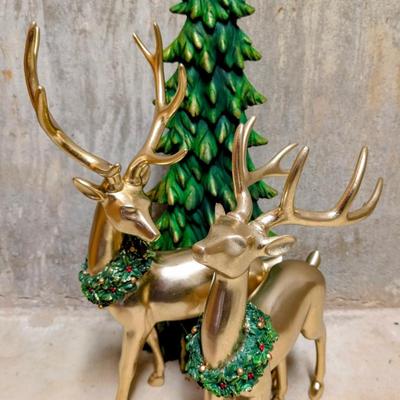 LOT 10B: Elegant Christmas Home Decor, 3 Farmhouse/Rustic Resin Winter Trees NIB & 2 Resin Gold Bucks With Tree, Comes With Original...