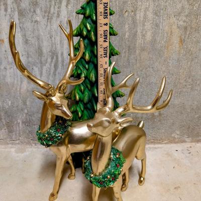 LOT 10B: Elegant Christmas Home Decor, 3 Farmhouse/Rustic Resin Winter Trees NIB & 2 Resin Gold Bucks With Tree, Comes With Original...