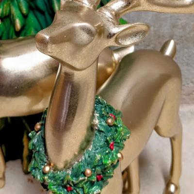 LOT 10B: Elegant Christmas Home Decor, 3 Farmhouse/Rustic Resin Winter Trees NIB & 2 Resin Gold Bucks With Tree, Comes With Original...