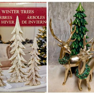LOT 10B: Elegant Christmas Home Decor, 3 Farmhouse/Rustic Resin Winter Trees NIB & 2 Resin Gold Bucks With Tree, Comes With Original...