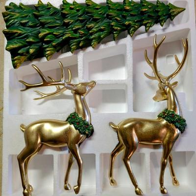 LOT 10B: Elegant Christmas Home Decor, 3 Farmhouse/Rustic Resin Winter Trees NIB & 2 Resin Gold Bucks With Tree, Comes With Original...