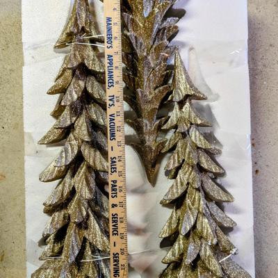 LOT 10B: Elegant Christmas Home Decor, 3 Farmhouse/Rustic Resin Winter Trees NIB & 2 Resin Gold Bucks With Tree, Comes With Original...