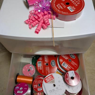 LOT 13B: 3 Drawer Plastic Storage Container On Wheels Containing Ribbons, Bows, Holiday Tags, Gift Bags & More Along With A Plastic...