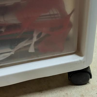 LOT 13B: 3 Drawer Plastic Storage Container On Wheels Containing Ribbons, Bows, Holiday Tags, Gift Bags & More Along With A Plastic...
