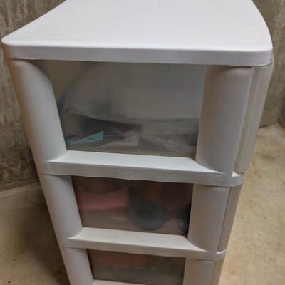 LOT 13B: 3 Drawer Plastic Storage Container On Wheels Containing Ribbons, Bows, Holiday Tags, Gift Bags & More Along With A Plastic...