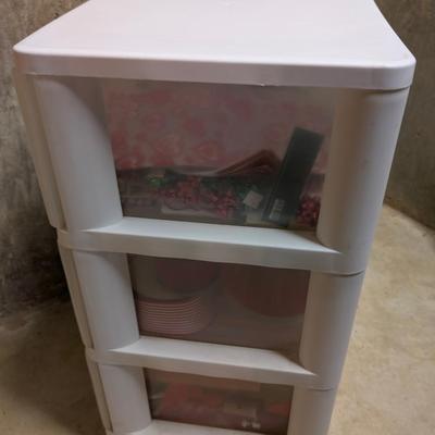 LOT 13B: 3 Drawer Plastic Storage Container On Wheels Containing Ribbons, Bows, Holiday Tags, Gift Bags & More Along With A Plastic...