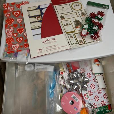 LOT 13B: 3 Drawer Plastic Storage Container On Wheels Containing Ribbons, Bows, Holiday Tags, Gift Bags & More Along With A Plastic...