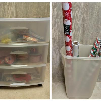 LOT 13B: 3 Drawer Plastic Storage Container On Wheels Containing Ribbons, Bows, Holiday Tags, Gift Bags & More Along With A Plastic...