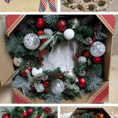 LOT 14B: Wreaths Galore, Patriotic, Christmas & Fall Styles, Large Christmas & Fall Wreaths Are NIB, Smaller Battery-Operated...