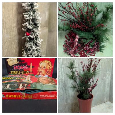 LOT 15B: Christmas Home Decor, Lighted Faux Flocked Tree, Lights Worked When Tested At Time Of Photo, 2 Sets of Nostalgic Inspired Bubble...