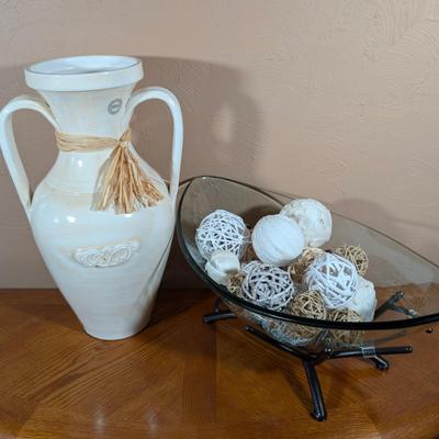 LOT 16L: Tall HomeGoods Farmhouse Two Handles Vase With Decorative Glass/Metal Base Bowl & Filler, Glass Bowl Is Removable From Metal...