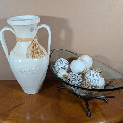 LOT 16L: Tall HomeGoods Farmhouse Two Handles Vase With Decorative Glass/Metal Base Bowl & Filler, Glass Bowl Is Removable From Metal...