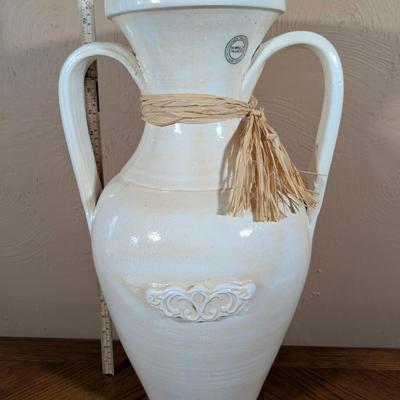 LOT 16L: Tall HomeGoods Farmhouse Two Handles Vase With Decorative Glass/Metal Base Bowl & Filler, Glass Bowl Is Removable From Metal...