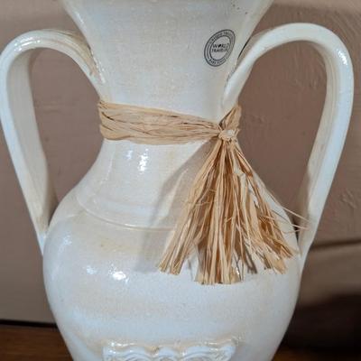 LOT 16L: Tall HomeGoods Farmhouse Two Handles Vase With Decorative Glass/Metal Base Bowl & Filler, Glass Bowl Is Removable From Metal...