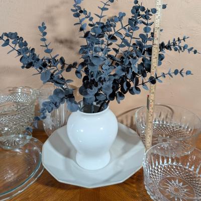 LOT 17L: Ceramic Vase On Base W/Dried Eucalyptus, Crystal Vase W/Frosted Grapes/Fruit, 1 Wexford Pattern Large Glass Fruit Bowl, 2...