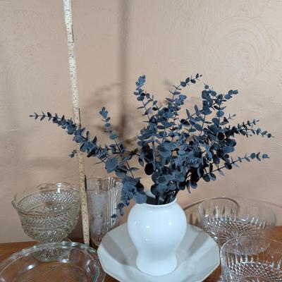 LOT 17L: Ceramic Vase On Base W/Dried Eucalyptus, Crystal Vase W/Frosted Grapes/Fruit, 1 Wexford Pattern Large Glass Fruit Bowl, 2...