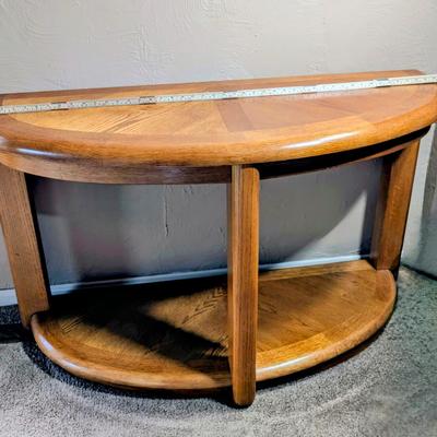 LOT 18L: Vintage Half Moon Oak Sofa Table With Shelf Base 45 1/2" L X 15 3/4" W X 28 3/4 H