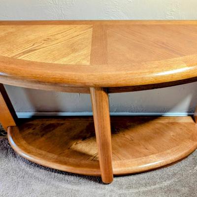 LOT 18L: Vintage Half Moon Oak Sofa Table With Shelf Base 45 1/2" L X 15 3/4" W X 28 3/4 H