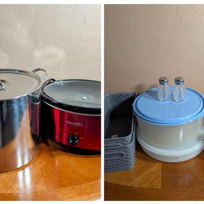 LOT 19L: Kitchen Ware, Large Stainless Steel Stock Pot, Crock Pot Model: SCV603 R Not Tested, Opaque Tupperware, Large & Smaller...