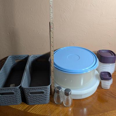 LOT 19L: Kitchen Ware, Large Stainless Steel Stock Pot, Crock Pot Model: SCV603 R Not Tested, Opaque Tupperware, Large & Smaller...