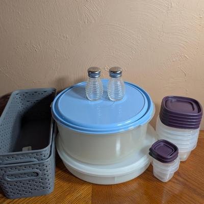 LOT 19L: Kitchen Ware, Large Stainless Steel Stock Pot, Crock Pot Model: SCV603 R Not Tested, Opaque Tupperware, Large & Smaller...
