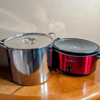 LOT 19L: Kitchen Ware, Large Stainless Steel Stock Pot, Crock Pot Model: SCV603 R Not Tested, Opaque Tupperware, Large & Smaller...