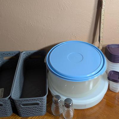 LOT 19L: Kitchen Ware, Large Stainless Steel Stock Pot, Crock Pot Model: SCV603 R Not Tested, Opaque Tupperware, Large & Smaller...