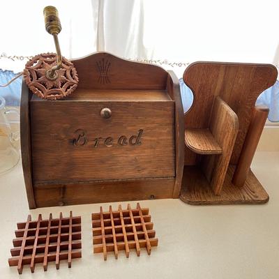 Wood Kitchen Decorative Lot - Bread Box, Wall Lamp, Trivets