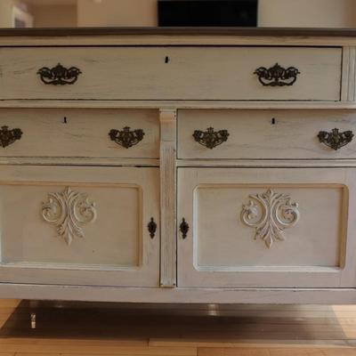 Vintage White Painted Buffet with Decorative Carvings