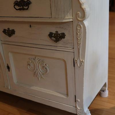 Vintage White Painted Buffet with Decorative Carvings