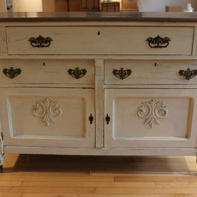 Vintage White Painted Buffet with Decorative Carvings