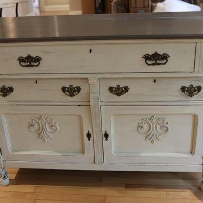 Vintage White Painted Buffet with Decorative Carvings