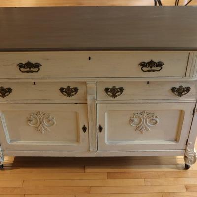 Vintage White Painted Buffet with Decorative Carvings