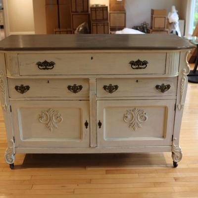 Vintage White Painted Buffet with Decorative Carvings