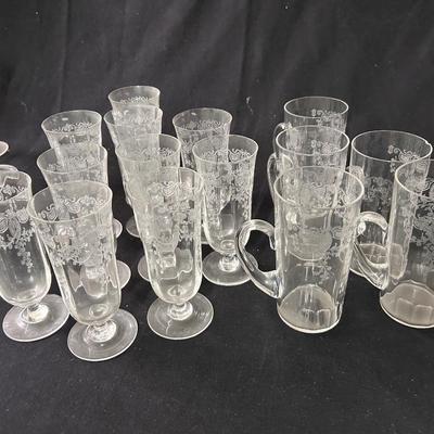 Lot of 15 etched glass glasses