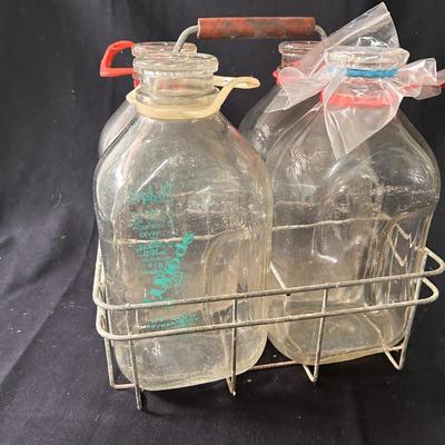 Vintage 1/2 gallon milk bottles + basket