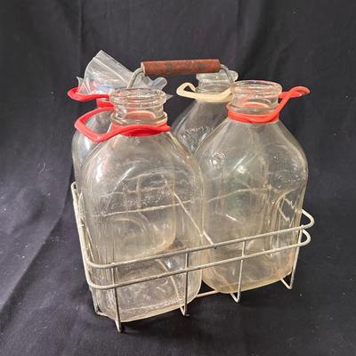 Vintage 1/2 gallon milk bottles + basket