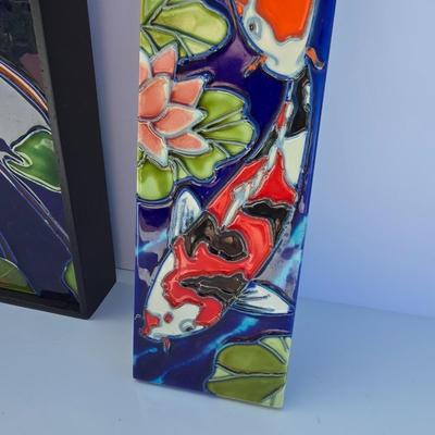Framed Ceramic Koi Fish Wall Art by Wayne Gao – Set of 2 with Artist Bio