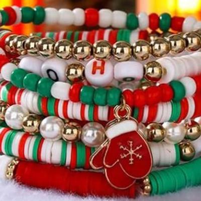 10-Pieces Holiday Beaded Bracelets - Santa Claus, Star, Candy, Christmas Tree, Ho Ho Ho, Red White Green Friendship Christmas Jewelry