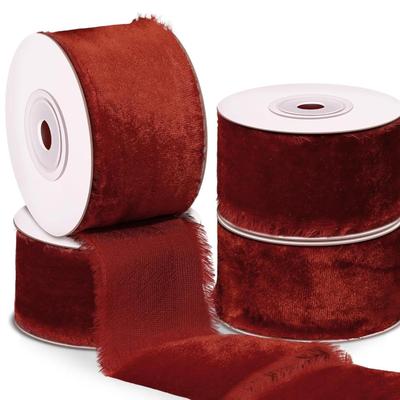 4-Rolls Terracotta 1.5" Velvet Ribbon for Gift Wrapping - 24 Yards Total Frayed Edge Velvet Silk Ribbon for Valentine‘s Day Wedding...