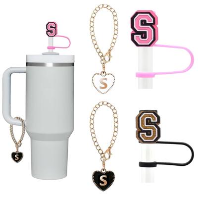 "S" Stanley Cup Accessories, 2PCS Letter Straw Cover For Stanley Cup 40/30oz with 2 Letter Charms, Initial Straw Topper and Charms