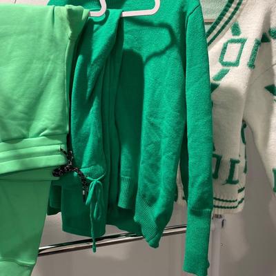 Fun Kelly green sweaters and pants