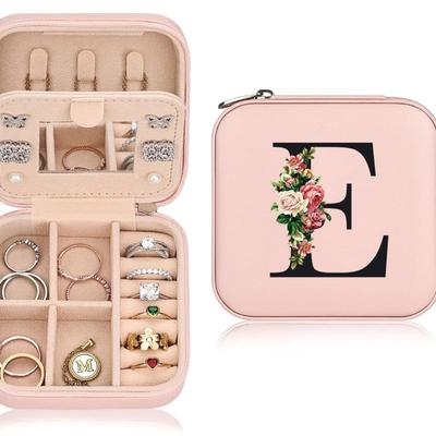 "E" Pink Floral Travel Jewelry Box for Girls & Women - Jewelry Organizer Personalized Travel Case