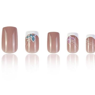 A5 - Short Press on Nails White French Tip Fake Nails European Square Style Pink Blue Butterfly Pattern Acrylic Nails Spring Glossy Pink...