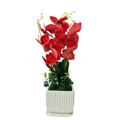 16" Red Orchids Artificial Flowers w/White Ceramic Vase - Fake Orchid Arrangement for Home Office Room Table Centerpieces Kitchen...