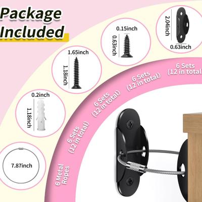 6-Pack Anti Tip Furniture Anchors - Baby Proofing, Earthquake Straps for Furniture Dresser Wall Safety Straps - Black