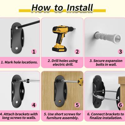 6-Pack Anti Tip Furniture Anchors - Baby Proofing, Earthquake Straps for Furniture Dresser Wall Safety Straps - Black