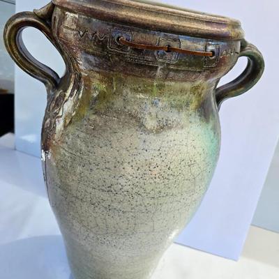 Signed Large Handcrafted Ceramic Vase – Rustic Crackle Glaze with Dual Handles & Leather Accent