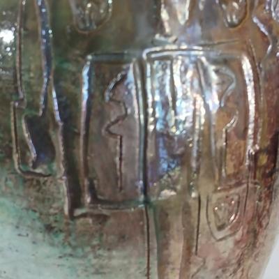 Signed Large Handcrafted Ceramic Vase – Rustic Crackle Glaze with Dual Handles & Leather Accent