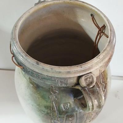 Signed Large Handcrafted Ceramic Vase – Rustic Crackle Glaze with Dual Handles & Leather Accent